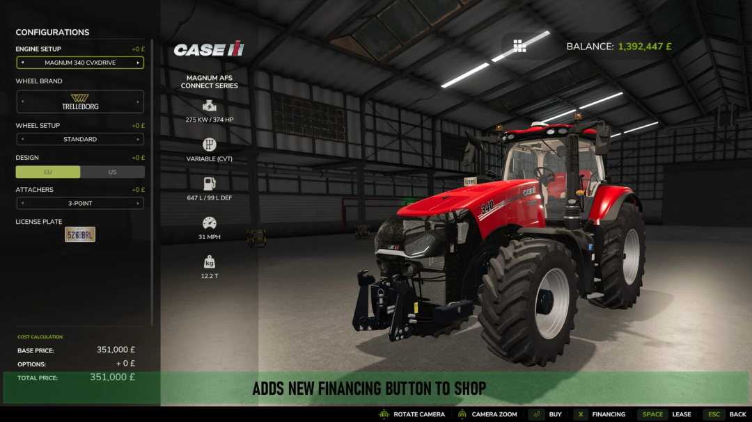 FS25 mod Financing v1.0.0.0 interface with CASE tractor, showing new financing button in Farming Simulator 25.