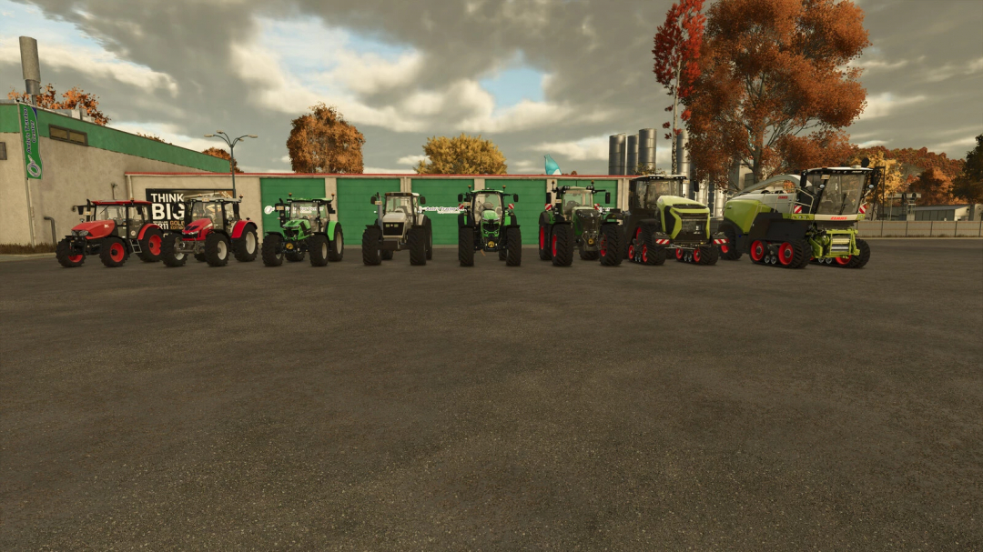 Lineup of tractors and agricultural machinery in FS25 Financing mod.