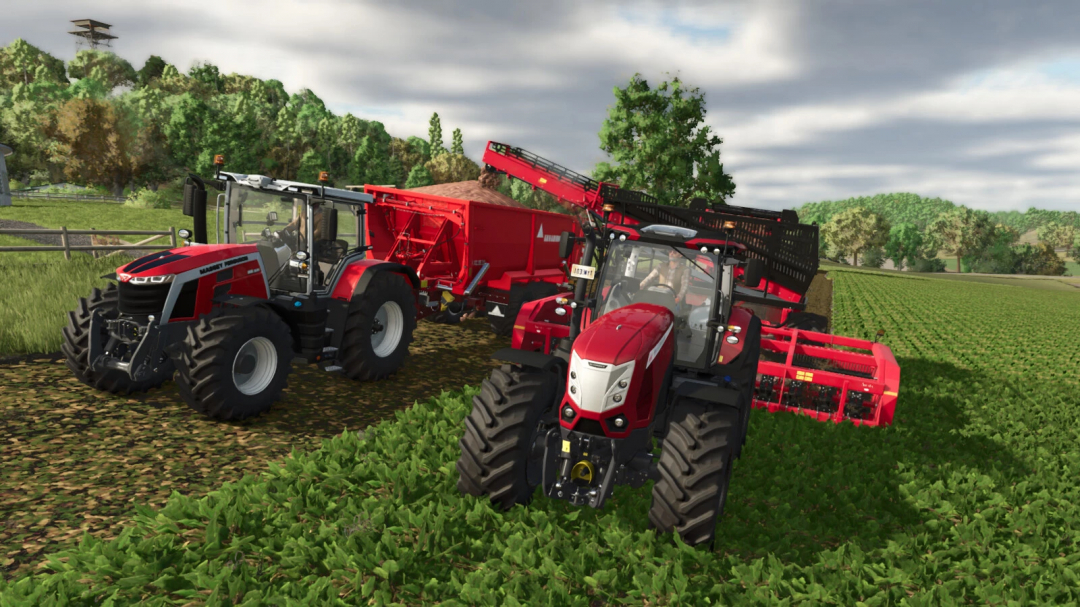 Two tractors with red equipment in a green field, part of FS25 Follow Me mod.