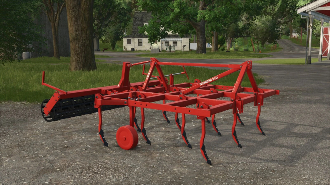 Fortschritt B365/A03 plow mod in FS25, a red agricultural tool on a farm road.