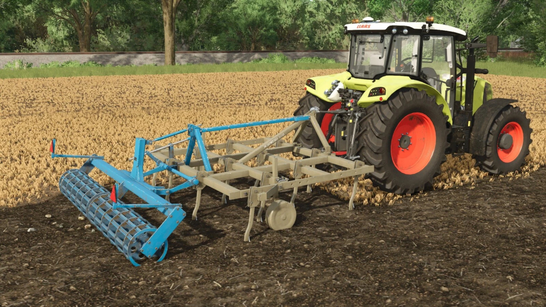 FS25 mod Fortschritt B365/A03 tractor with cultivator on a field.