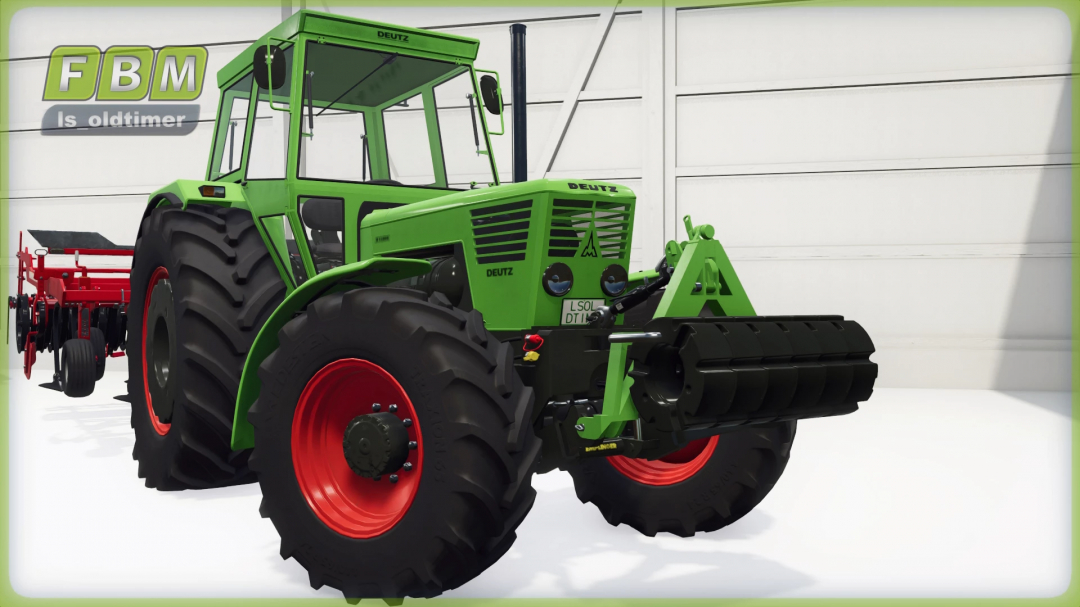 Green tractor with front weights from the Front Weights Package mod in Farming Simulator 25.