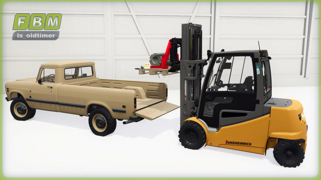 FS25 mod image showing a forklift near a vintage truck with front weights ready for loading.