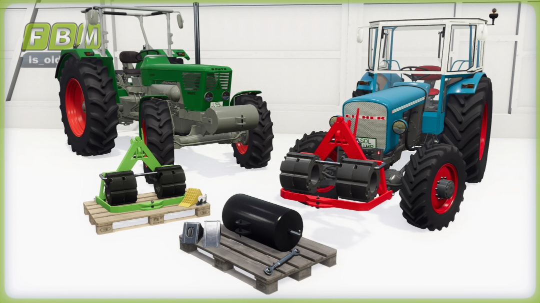 FS25 mods: Front weights package v1.0.0.0 displayed with green and blue tractors in a garage.