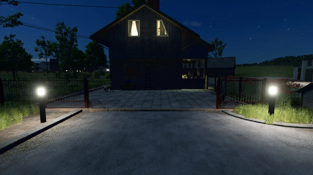 FS25 Garden Lights Pack v1.0.0.0 mod at a farmhouse entrance at night, illuminating pathway and house. Farming Simulator 25 mod.