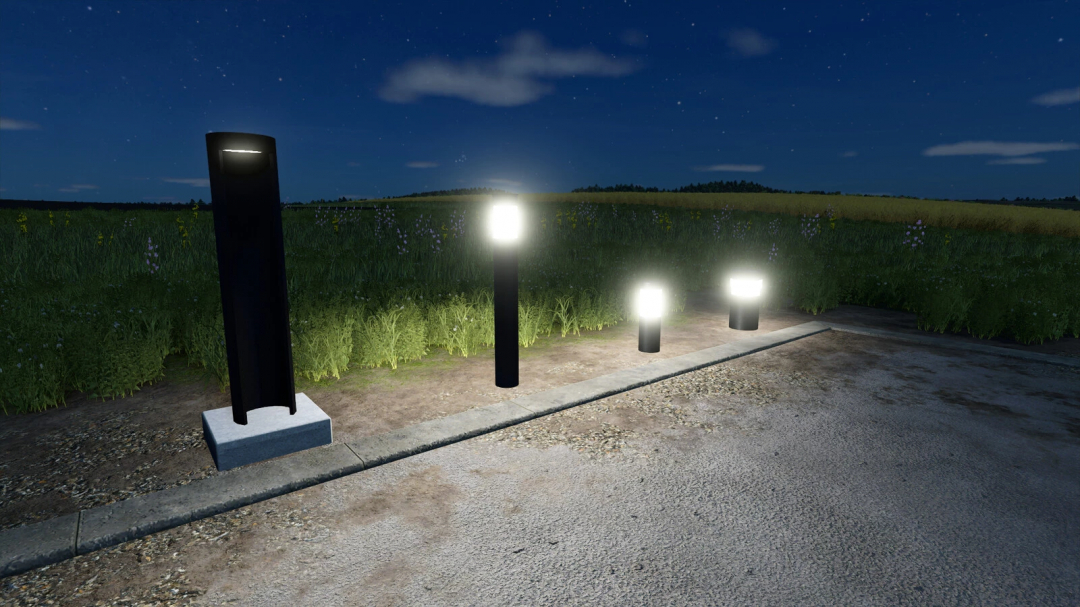 Garden lights mod in Farming Simulator 25, illuminating a path at night. FS25 mods enhance realism.