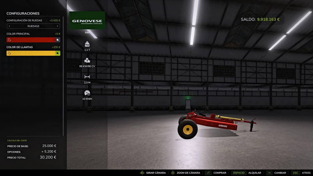 Genovese HM mod in Farming Simulator 25 showing red and yellow equipment in a virtual garage setting.