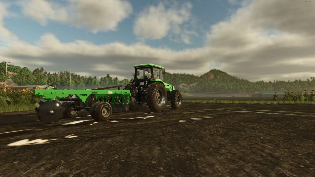 FS25 mod Grade 18x24 discos BR v1.0.0.0, green tractor with disc harrow on farmland in Farming Simulator 25.