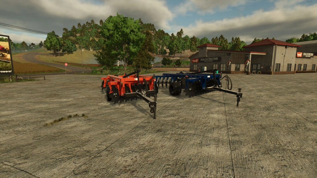 FS25 mod Grade 18x24 discos BR v1.0.0.0 displayed on a farm with tractors and greenery.