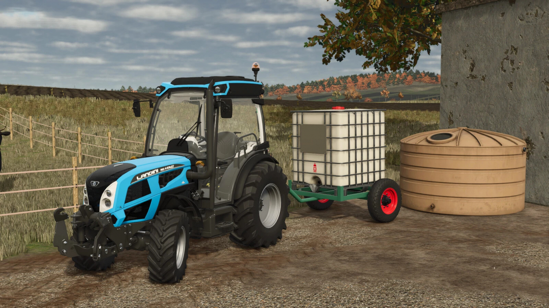 FS25 mod image showing a blue tractor towing a homemade liquid tank in Farming Simulator 25.