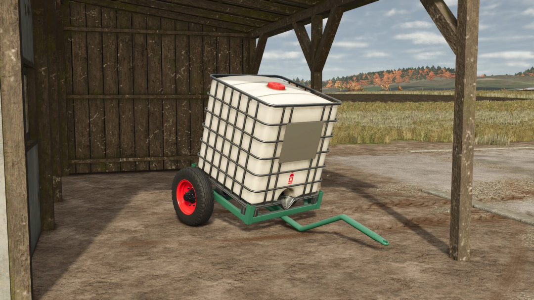 Homemade Liquid Tank mod v1.0.0.0 for FS25 in a shed, showcasing utility for Farming Simulator 25 gameplay.