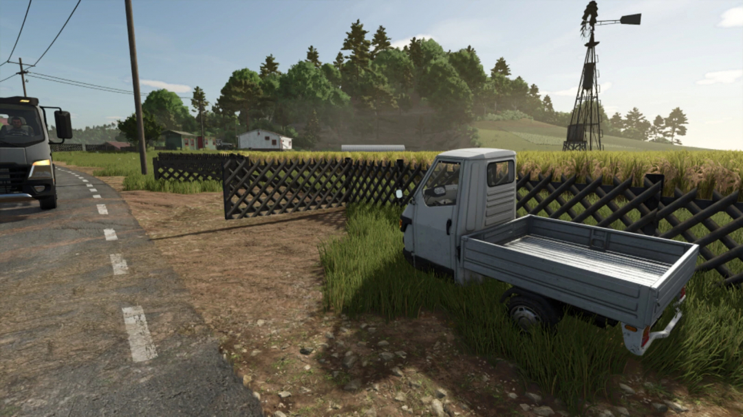 Hunter Fence mod in FS25 showcases a rural scene with a wooden fence and utility vehicle.