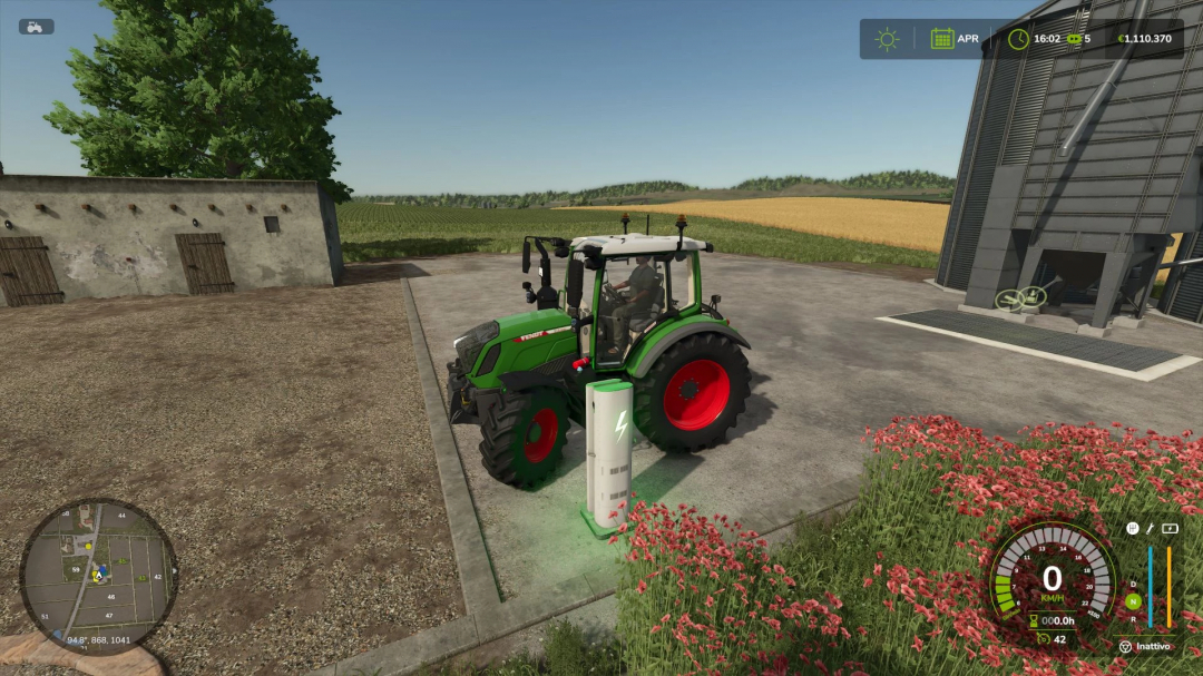 FS25 mod IllGib Electro Pack v1.1.0.0 showing a tractor charging at a station on a farm.