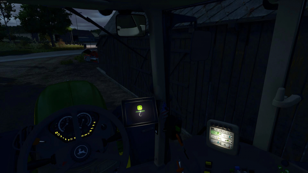 Interior view of John Deere 7030 tractor mod in Farming Simulator 25 showing dashboard and controls.