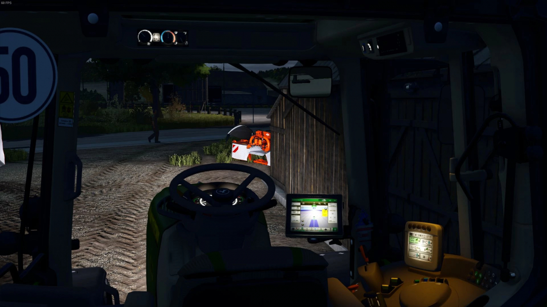 Inside view of the John Deere 7030 tractor mod in FS25, showing dashboard and nighttime farming scene.