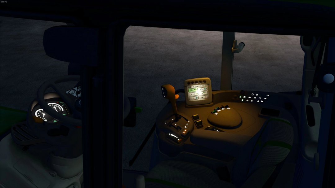 FS25 mods: Interior of John Deere 7030 cabin with illuminated dashboard and controls in Farming Simulator 25 mod.