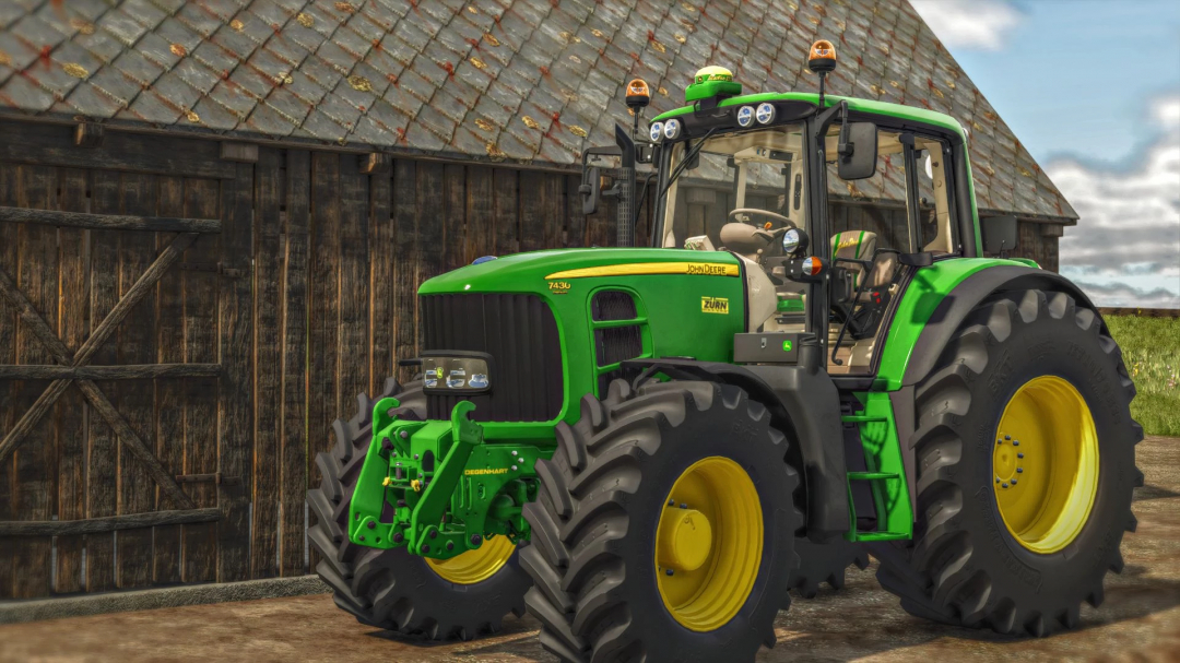 John Deere 7030 tractor mod for Farming Simulator 25 parked beside a barn.