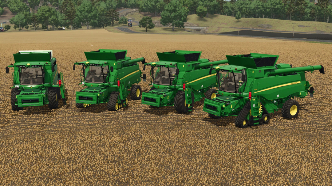 Five John Deere T-Series harvesters with 600X headers in a field, FS25 mods.