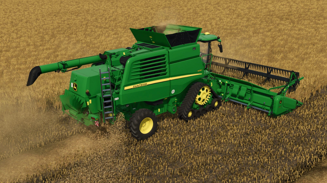 John Deere T-Series combine with 600X header in FS25 mod harvesting field