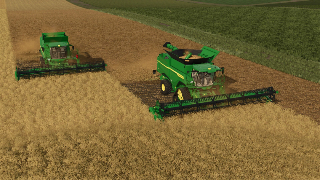 John Deere T-Series harvesters with 600X Headers working in a field in FS25 mod.