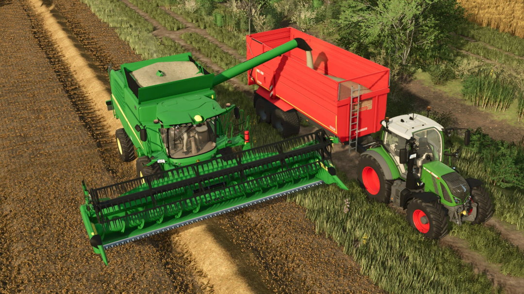 FS25 mod John Deere T-Series combines with 600X headers unloading into red trailer.