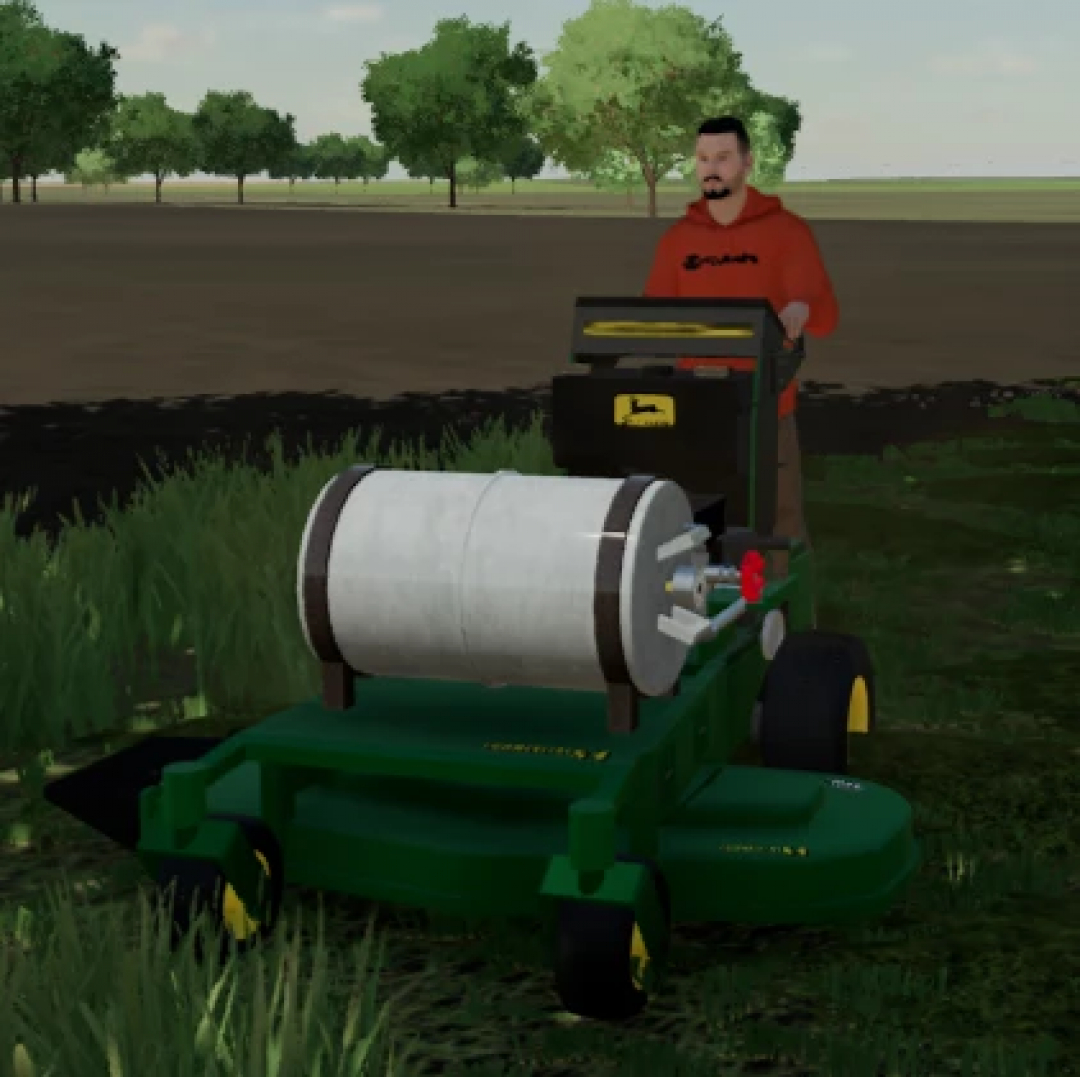 John Deere Walk Behind Mower mod in FS25, showcases realistic lawn mowing. Trees and fields in the background.