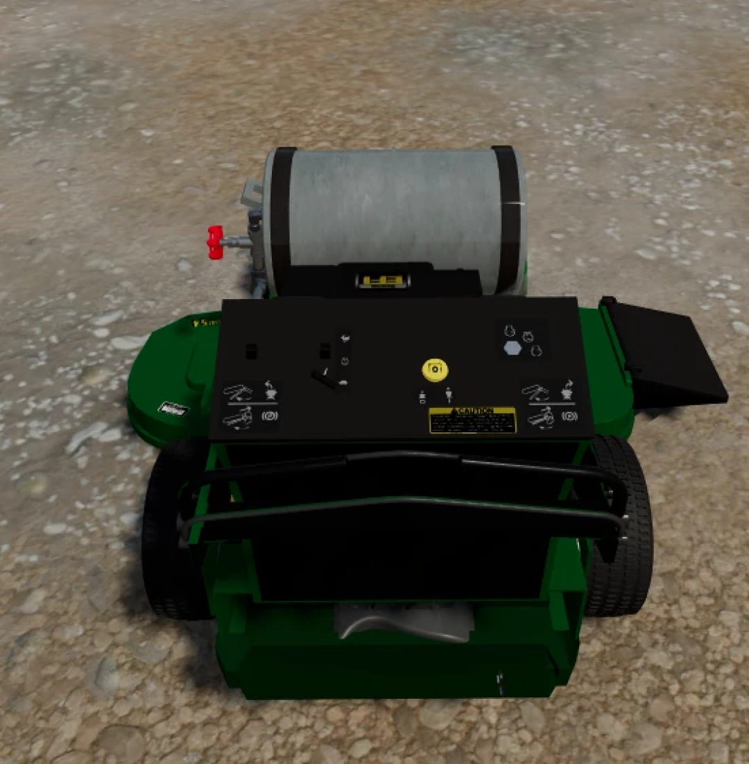 John Deere Walk Behind Mower mod for Farming Simulator 25, featuring detailed controls on a dirt path.