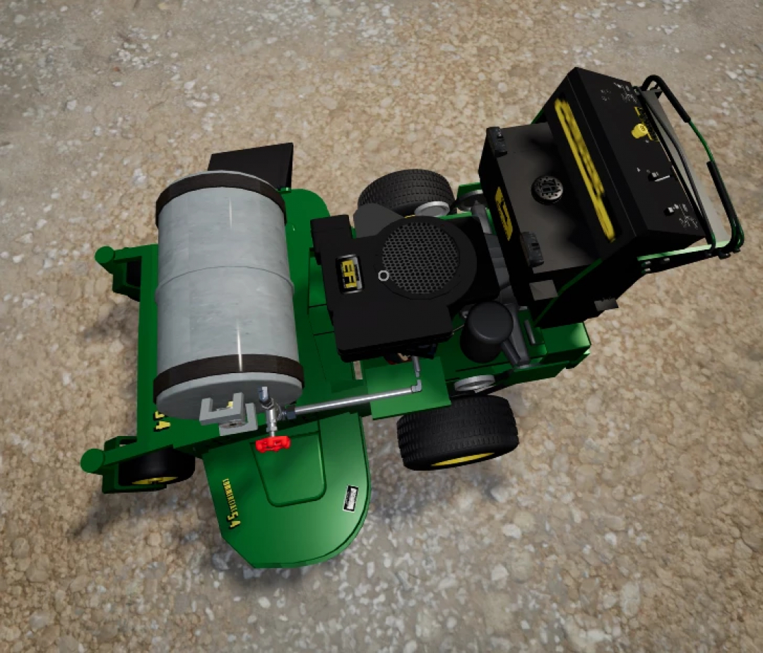 Top view of John Deere Walk Behind Mower mod in Farming Simulator 25, featuring green deck and cylindrical component.