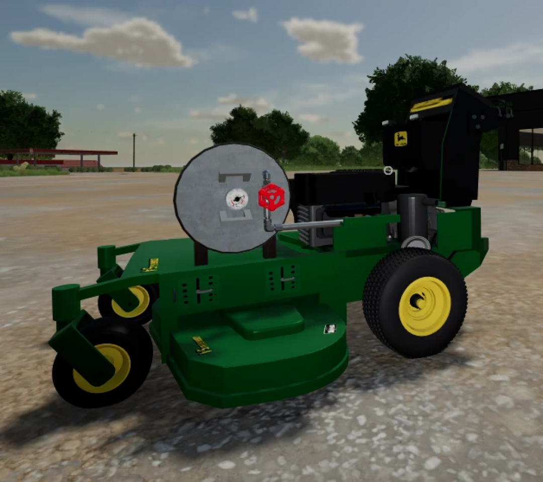 John Deere Walk Behind Mower mod for FS25, showcasing a detailed green lawnmower with yellow wheels, set against a farm background.