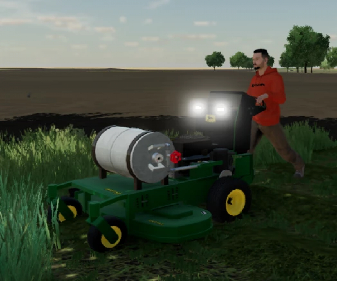 John Deere Walk Behind Mower mod in FS25 shows a person using a green mower in a grassy field.