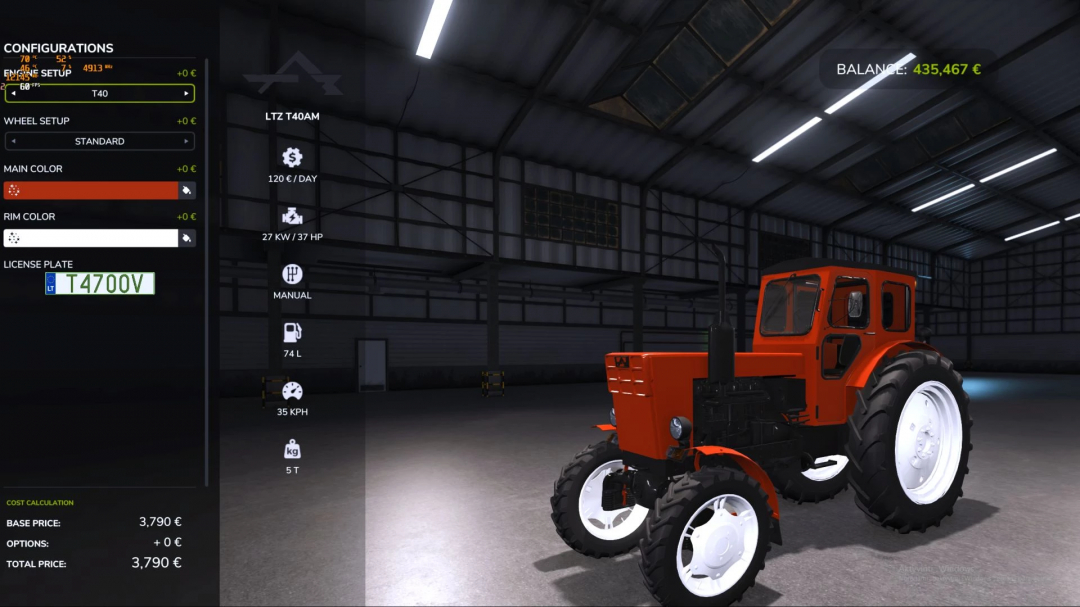 LTZ T-40 tractor mod in FS25 with customization options; displayed in a virtual garage.