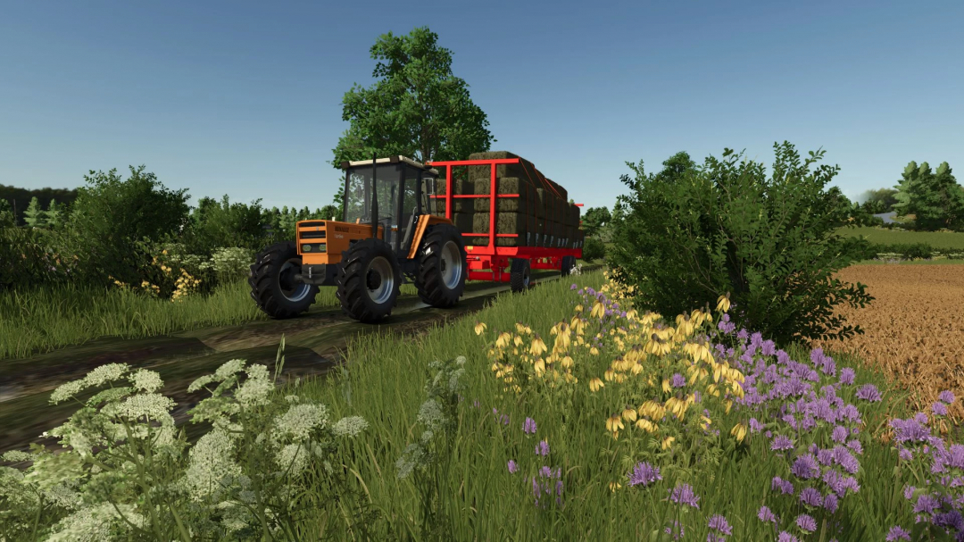 Scenic landscape in FS25 mod La Campagne PL12 with a tractor hauling hay bales. Farming Simulator 25 mods.