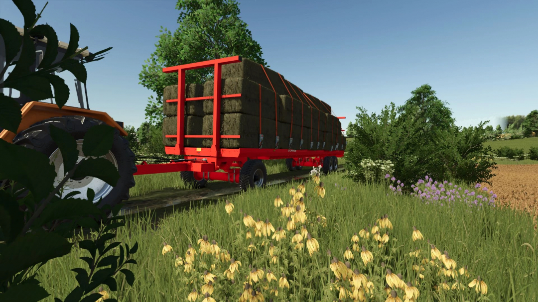 FS25 mod La Campagne PL12, a red trailer hauling hay bales in a lush field.