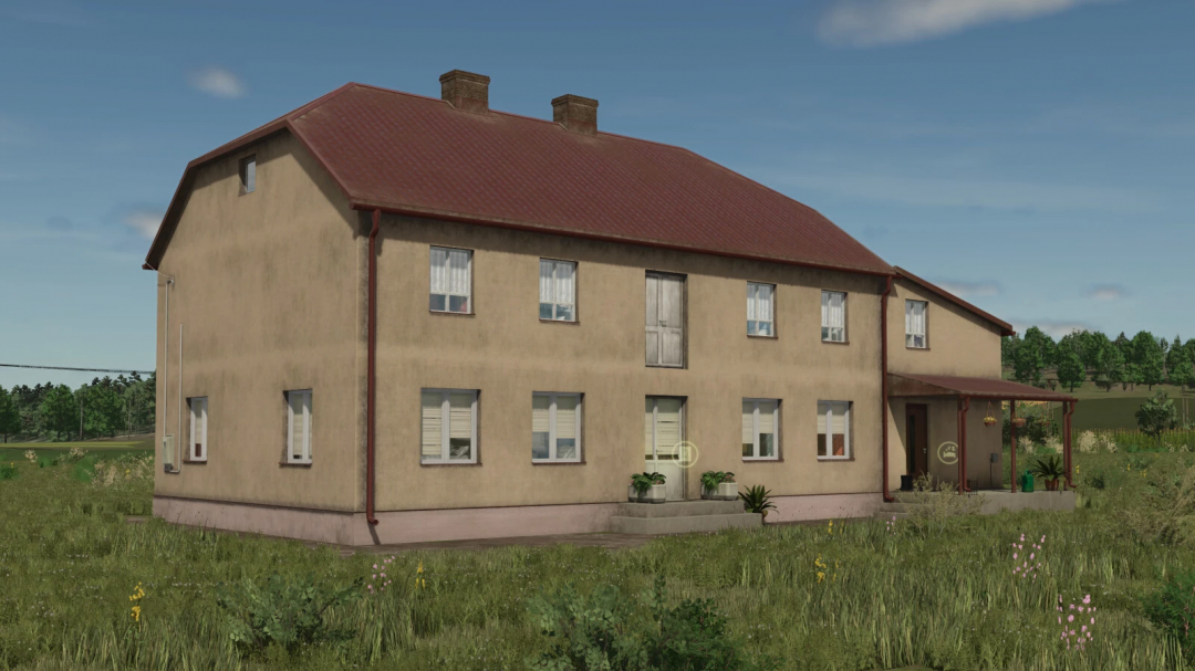 Large farmhouse mod in FS25 with red roof and beige walls, part of the Large Package Of Houses v1.0.0.0.