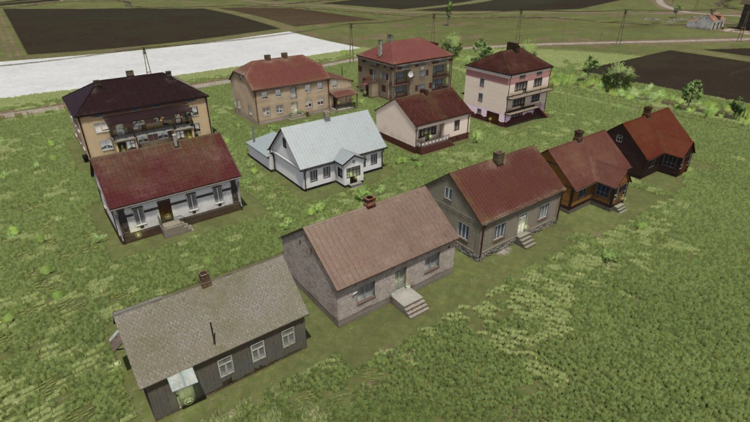 Various houses from the Large Package Of Houses mod in FS25 displayed on a grassy landscape.