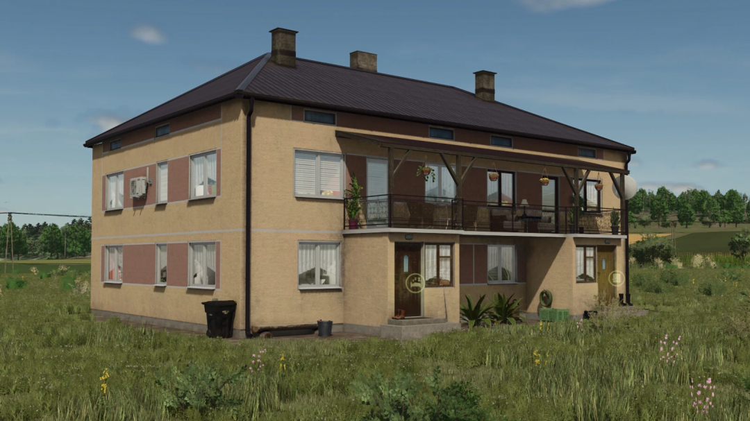 FS25 mod image showing a large house with a balcony and grassy surroundings, part of Large Package Of Houses v1.0.0.0.