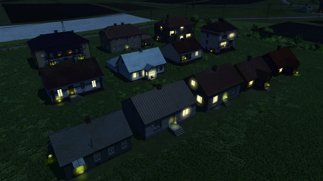 Night view of multiple houses in a row, part of the Large Package Of Houses v1.0.0.0 mod for FS25, Farming Simulator 25.