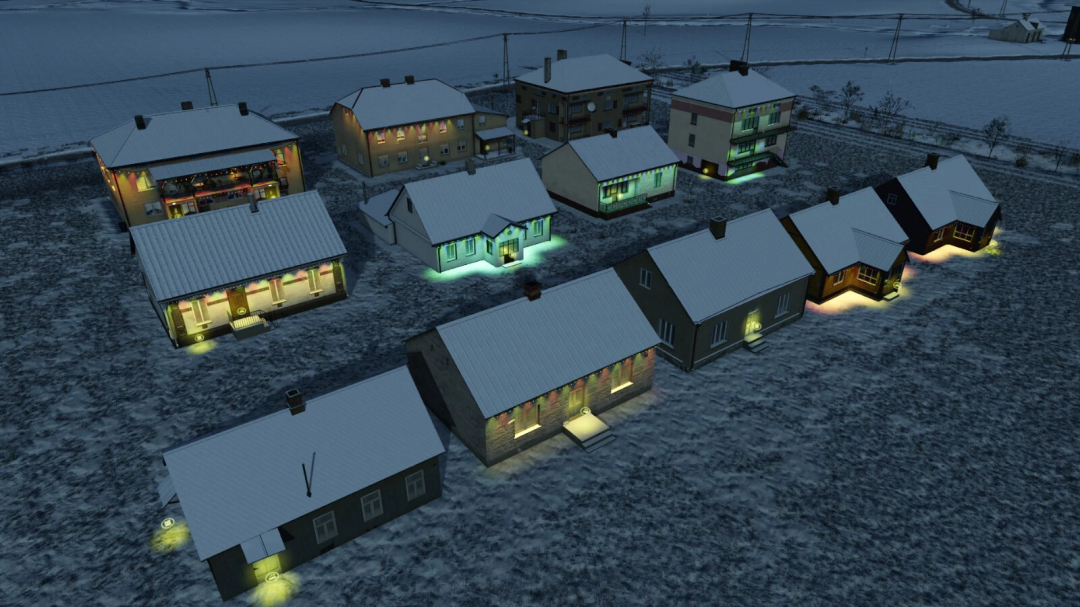 FS25 mods: Snowy landscape showcasing a large package of houses with Christmas lights in Farming Simulator 25.