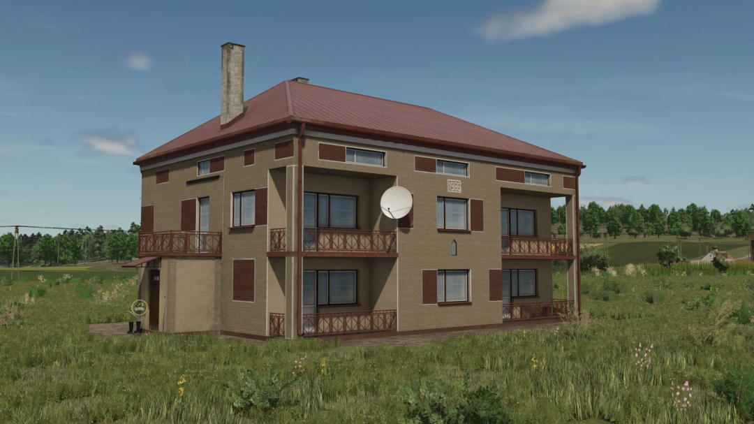 FS25 mods Large Package Of Houses v1.0.0.0 features a vintage building in a grassy field.