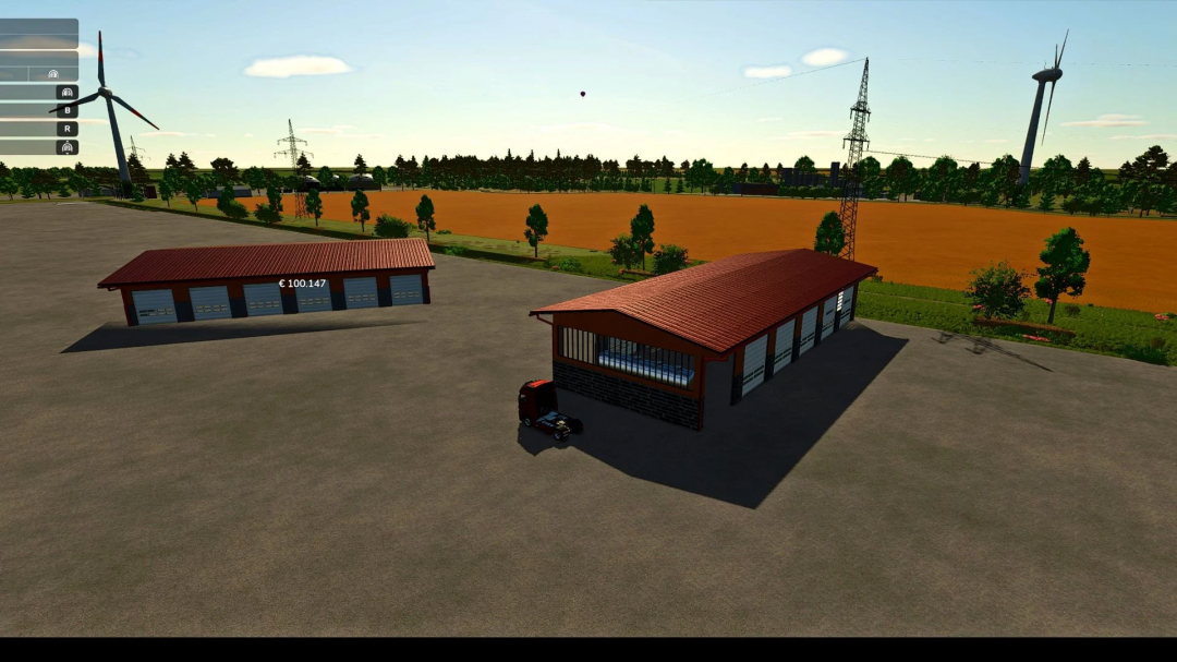 FS25 mod image showing large shed with six doors in a farm setting, featuring wind turbines and fields.