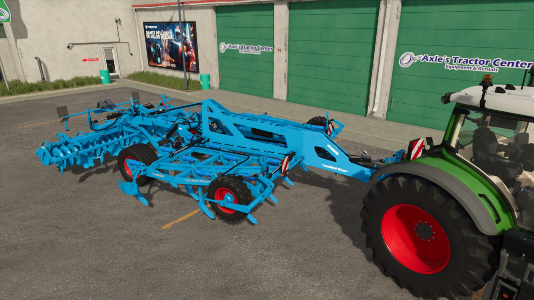 FS25 mod Lemken Karat 12/500 KUA v1.0.0.0 attached to a tractor outside Axle's Tractor Center.