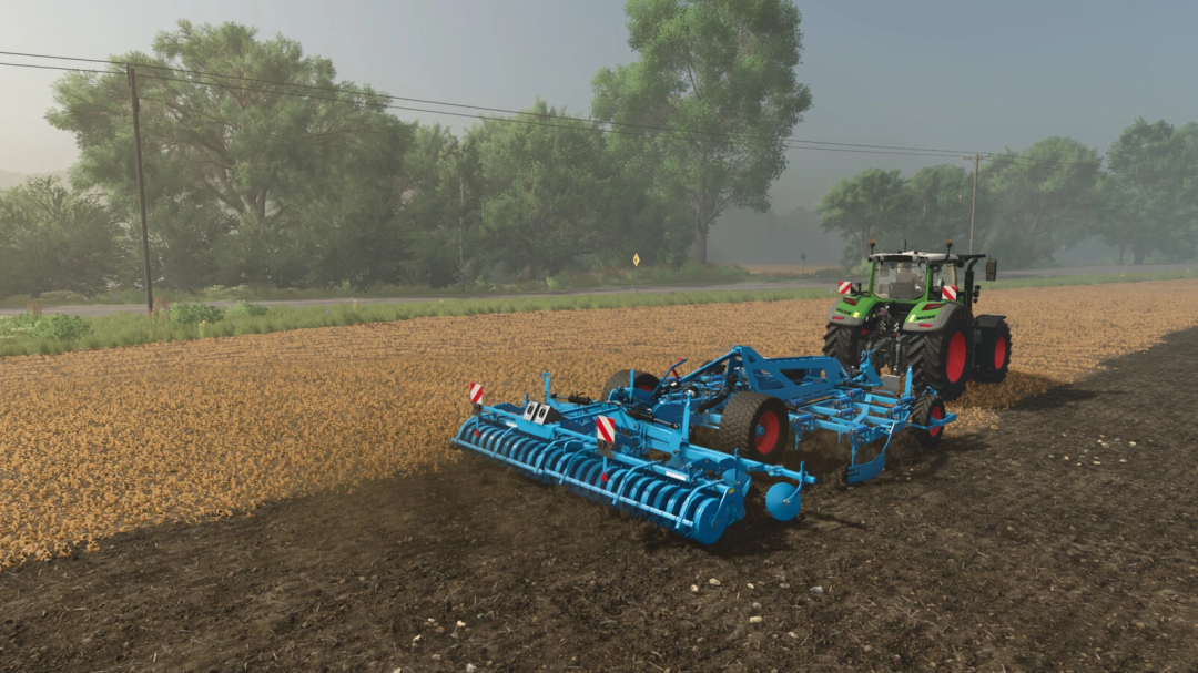 FS25 mod: Lemken Karat 12/500 KUA plowing a field with a tractor in Farming Simulator 25.