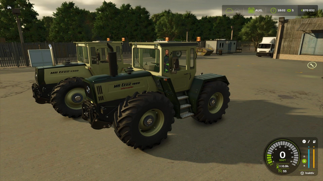 MB Trac 1800 Silbersteel mod in FS25, showcasing two tractors in a yard setting. Farming Simulator 25 mods for enhanced gameplay.