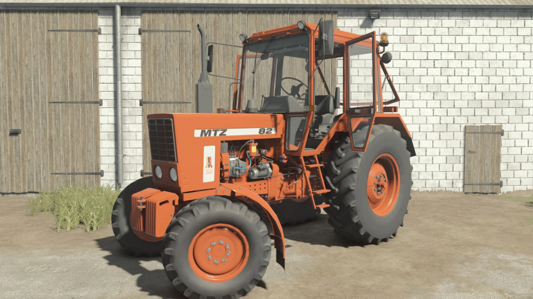 FS25 mods: Orange MTZ-82 NAREW tractor with open door, displayed in Farming Simulator 25 mod version 1.0.0.0, parked near a barn.