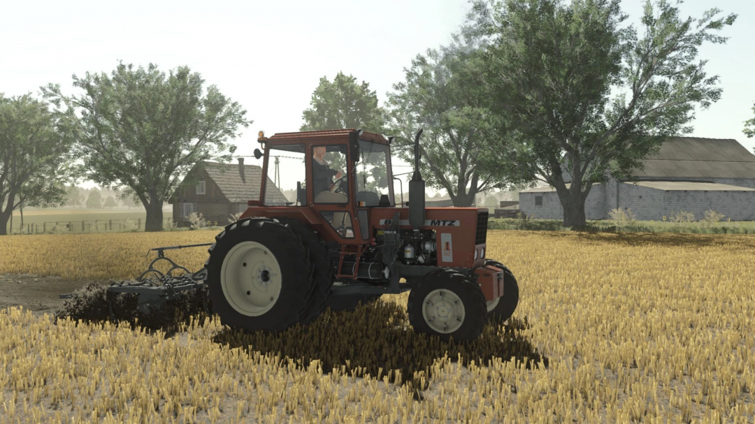 MTZ-82 NAREW tractor mod in FS25 plowing a field with trees and a farmhouse in the background.