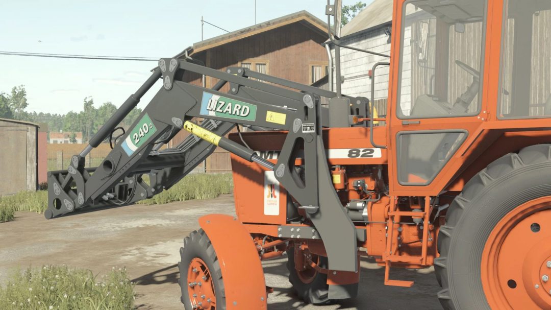 Close-up of MTZ-82 NAREW tractor mod in FS25 with front loader attachment in a farmyard setting.