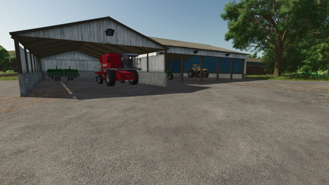 FS25 mod Machinery Garage v1.0.0.0 with farm equipment inside, including a red harvester and tractor under a wooden roof.