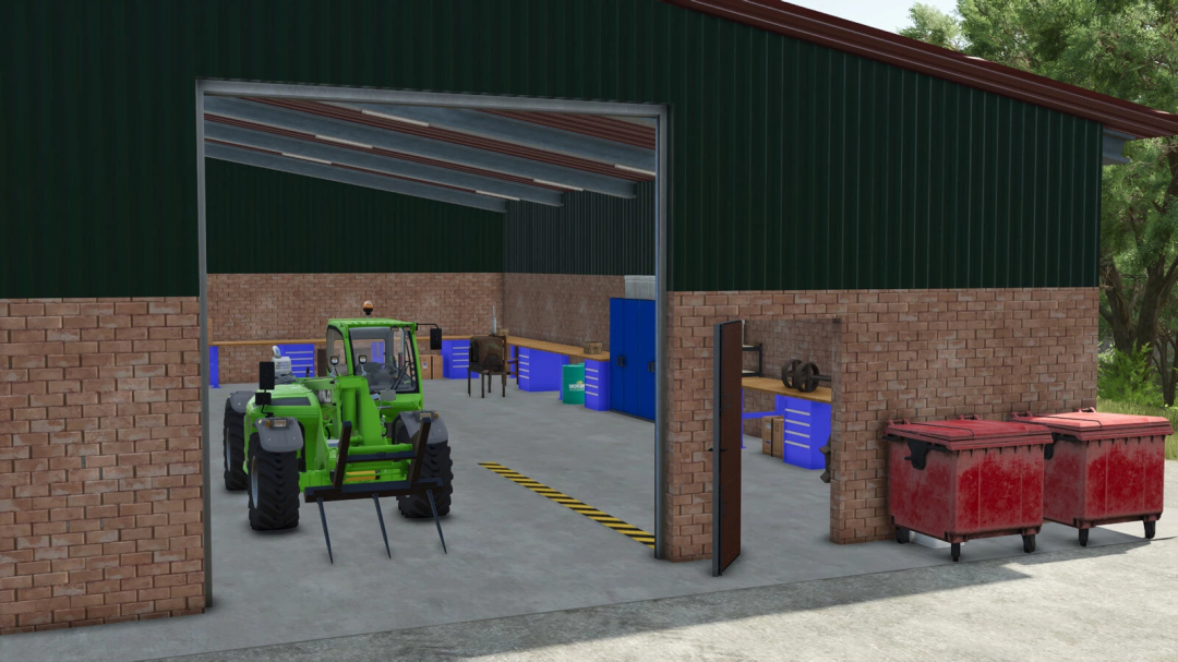 FS25 mod Machineshed v1.0.0.0 featuring a green tractor inside a spacious shed with tool cabinets.