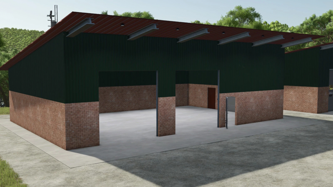 Machineshed workshop mod in FS25 featuring a spacious green and brick building.