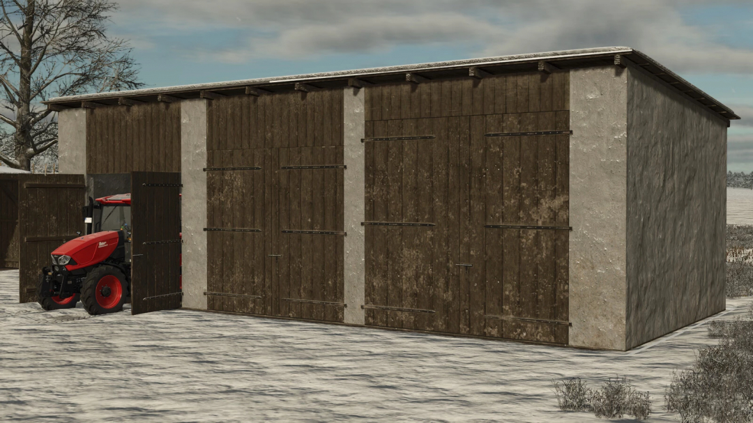 Medium Garage mod for FS25, showing a wooden structure with a partially opened door, revealing a red tractor inside.